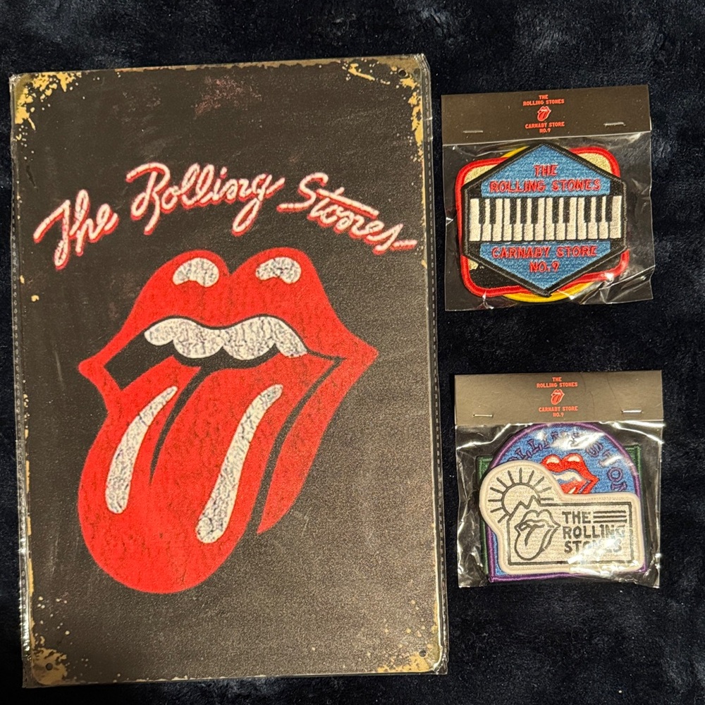 Rolling Stones Tongue Logo Vintage Metal Sign and Carnaby Store No 9 Patches
